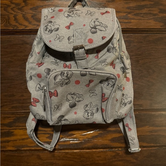 Disney Handbags - Disney Minnie Mouse Print Backpack 14"x12" Grey With Red And Black Bows.
